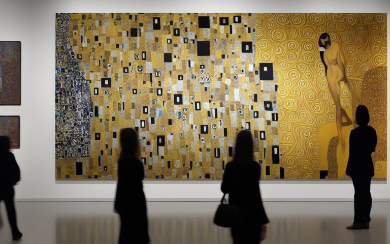00483-510563368-A modern art gallery with Klimt paintings on the wall. Minimalistic furniture, (people) looking at the pictures. Wideangle, pho