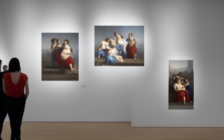 00485-2008676720-A modern art gallery with Raffaello paintings on the wall. Minimalistic furniture, ((people)) looking at the pictures. Wideangl