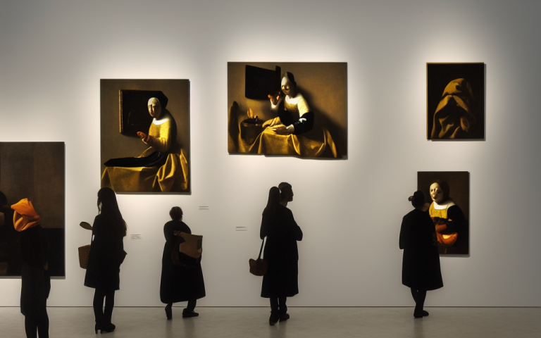 00488-2008676720-A modern art gallery with vermeer paintings on the wall. Minimalistic furniture, ((people)) looking at the pictures. Wideangle,