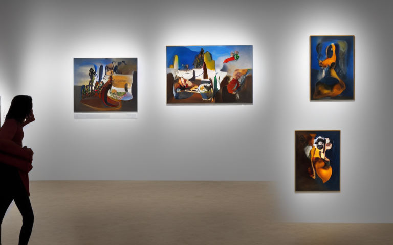 00490-2008676720-A modern art gallery with salvator Dalí paintings on the wall. Minimalistic furniture, ((people)) looking at the pictures. Wide
