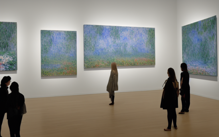 00492-2008676720-A modern art gallery with Monet paintings on the wall. Minimalistic furniture, ((people)) looking at the pictures. Wideangle, p