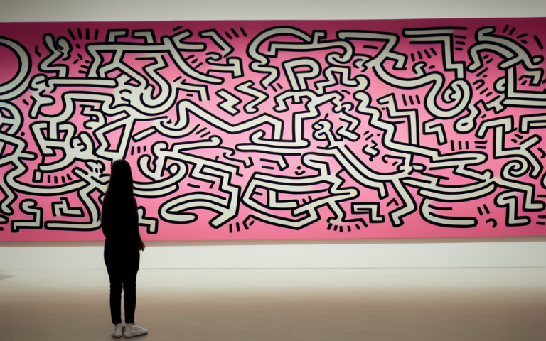 00500-1234-A modern art gallery with many Keith haring big paintings on the wall. Minimalistic furniture, ((people)) looking at the picture