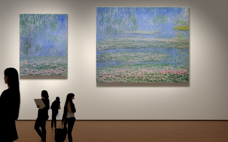 00508-2345-A modern art gallery with many Monet big paintings on the wall. Minimalistic furniture, ((people)) looking at the pictures, mo