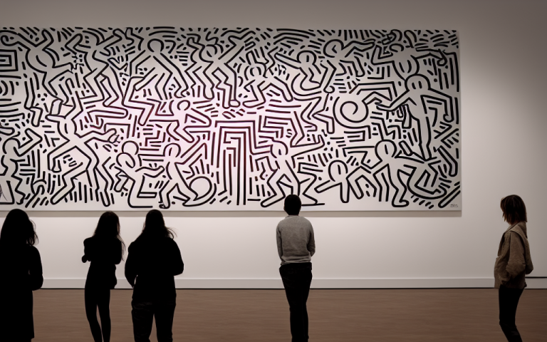 00509-2345-A modern art gallery with many Keith haring big paintings on the wall. Minimalistic furniture, ((people)) looking at the picture