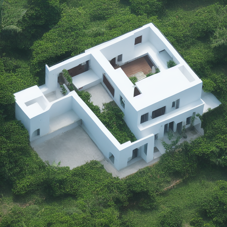 00564-2000-rounded medium size two floors villa seen from the outside, big windows, outside patio, daylight, photorealistic, high resoluti